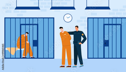 Policeman leading criminal to prison room. Jail in police department, worker in uniform flat vector illustration. Justice, crime, investigation concept for banner, website design or landing web page