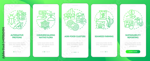 Agricultural trends green gradient onboarding mobile app screen. Farming walkthrough 5 steps graphic instructions pages with linear concepts. UI, UX, GUI template. Myriad Pro-Bold, Regular fonts used