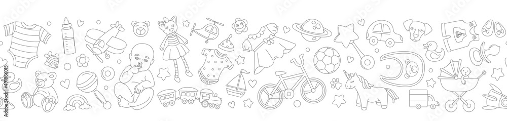Newborn boy girl baby shower seamless doodle line pattern birthday party. Newborn boy girl baby shower seamless doodle line pattern birthday party.