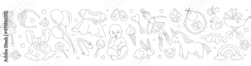 Newborn girl baby shower seamless pattern thin line doodle style