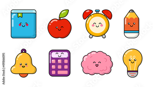 Education patches, badges, stickers, logos. Set of cute funny cartoon characters icons in asian japanese kawaii. Vector school doodles of book, apple, clock, pencil, brain, lamp, bell, calculator.