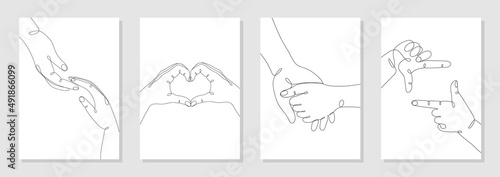 Single line drawn hand gestures set,  minimalistic human hands showing love, heart, romantic, relationship sign, barely touching, frame, focus. Dynamic continuous one line graphic vector posters