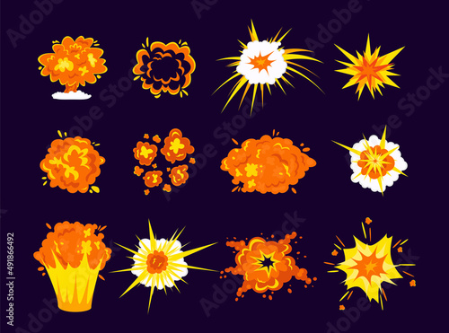 Fire clouds from explosion flat vector illustrations set. Cartoon drawings of smoke, boom or bang comic effect from crash, bomb, dynamite, explosives on purple background. Danger, destruction concept