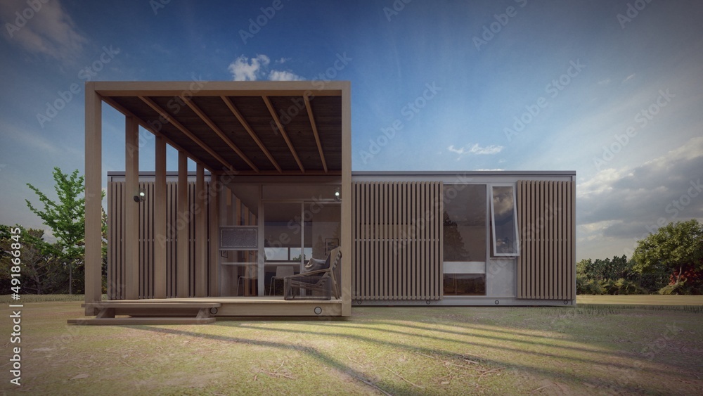 Fototapeta premium front elevation of tiny house 3d illustration