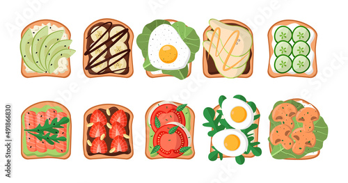 Sandwiches with different ingredients vector illustrations set. Slices of bread with avocado and salmon, toasts with tomatoes, eggs, bananas with chocolate paste. Food, healthy lifestyle concept