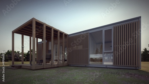 exterior of modern small house with wood on the terrace and facade 3d illustration