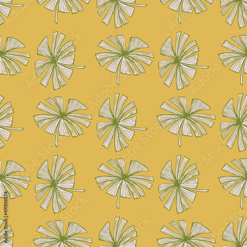 Fan palm leaves seamless pattern on. Vintage foliage of palmetto in engraving style.