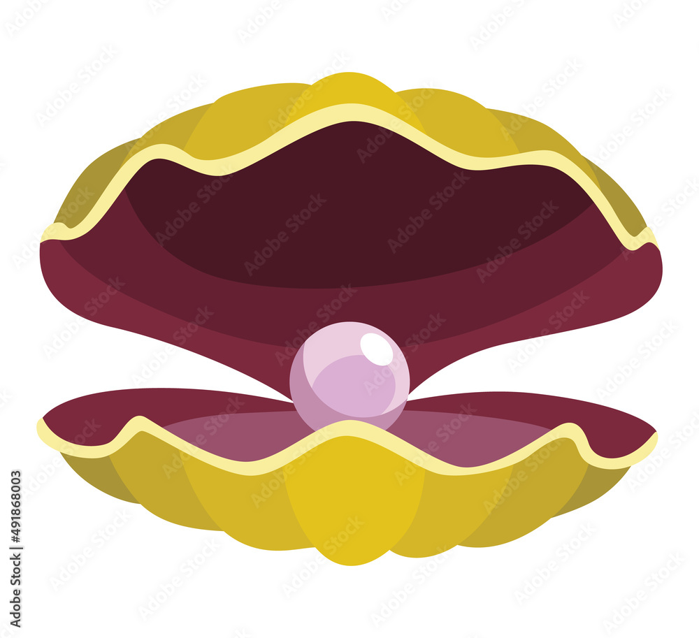 Pearl in seashell. Open seashell scallop and pearl shell icon. Beautiful pearl in clam shell in cartoon flat style. Vector illustration isolated on white background Pearl in seashell. Open seashell scallop and pearl shell icon. Beautiful pearl in clam shell in cartoon flat style. Vector illustration isolated on white background