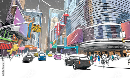 Times square. New York. USA. Hand drawn city sketch. Vector illustration.
