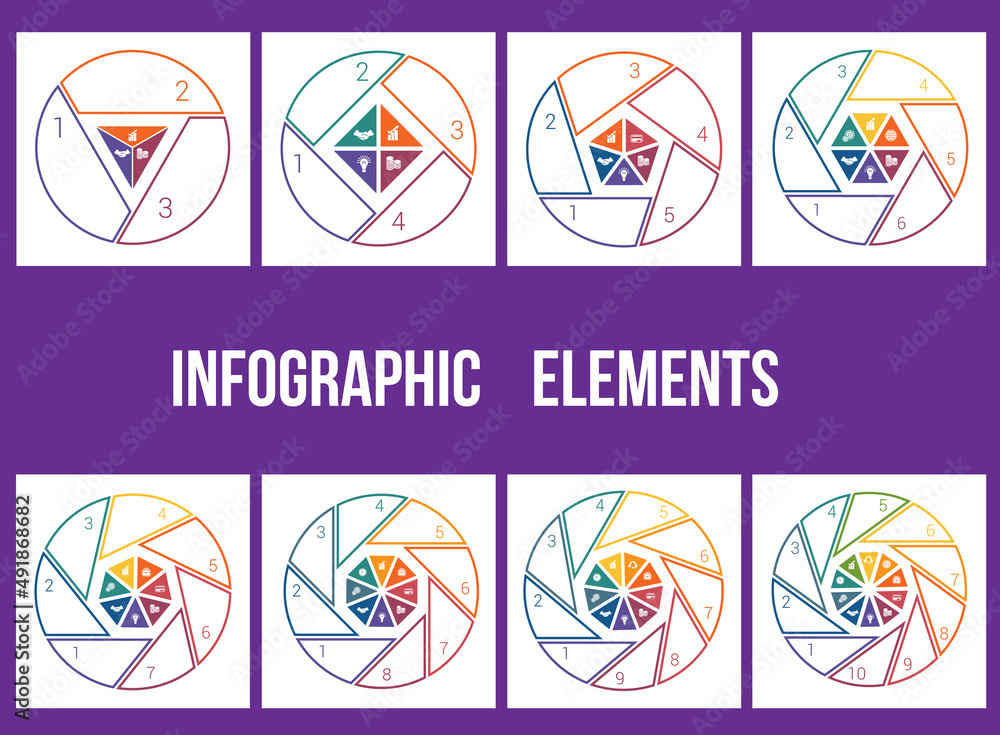 Templates infograpchic cyclic processes, step by step, colorful  lines, pie chart with shadow  for workflow, cycle processes, diagrams, business options, banner, web design