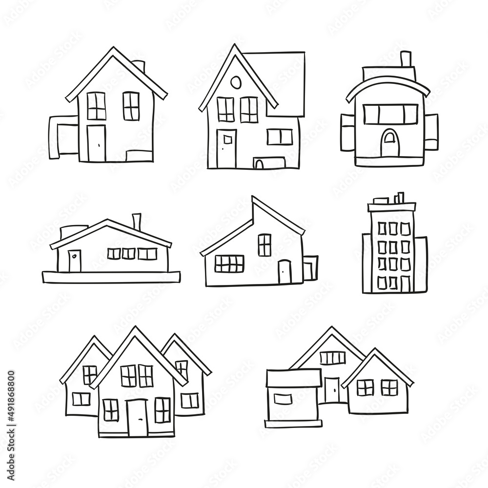 Hand drawn vector doodle of a set of residential houses in black and white
