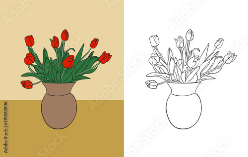 Colorful hand drawn vector drawing of a beautiful bunch of tulips