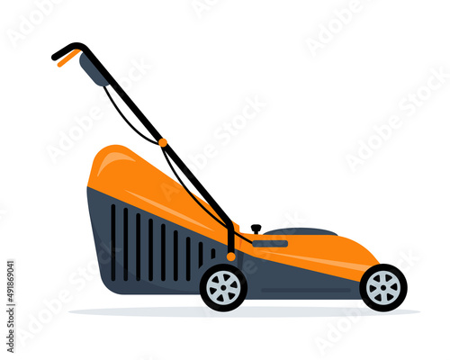 Lawn mower machine icon. Electric work tool for Mowing, Trimming, pruning or cutting grass in garden. Gardening grass-cutter. Vector illustration icon isolated on white background. photo