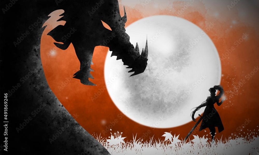 The legend of the dragon knight. Fantasy silhouette art Stock ...