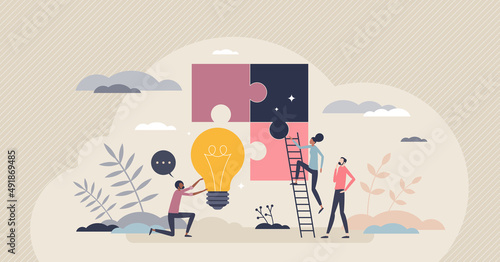 Creative planning and innovative solution for work task tiny person concept. Creativity and efficient approach after brainstorm process vector illustration. Job optimization with thinking out of box.