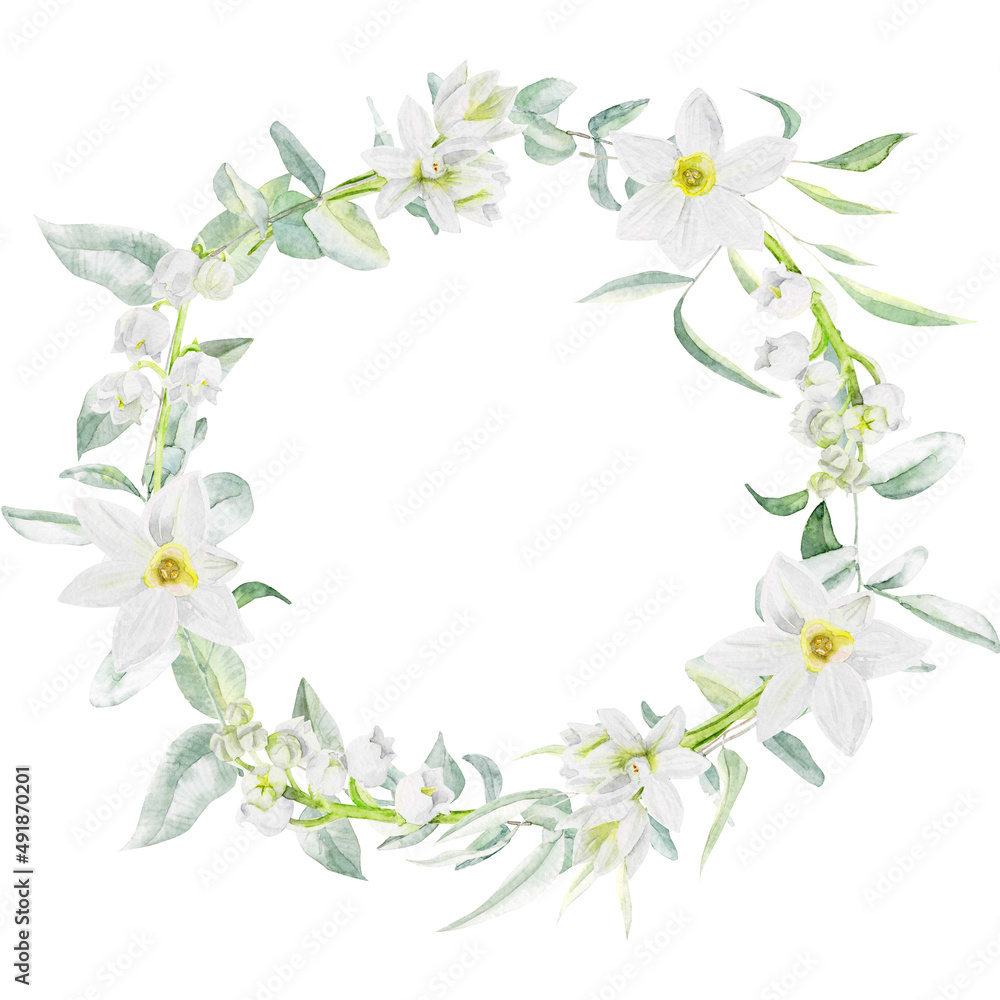 Watercolor wreath with eucalyptus and daffodil flowers
