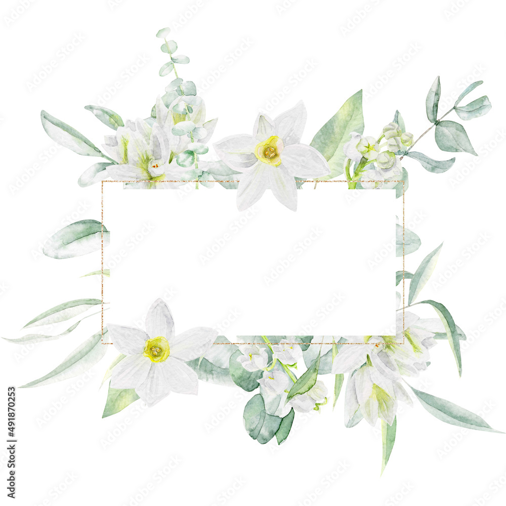 Watercolor frame with eucalyptus and daffodil flowers