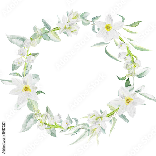 Watercolor wreath with eucalyptus and daffodil flowers © MyLittleMeow