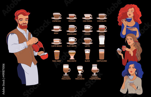 Barista, young women, different coffee beverage isolated on black. Vector.