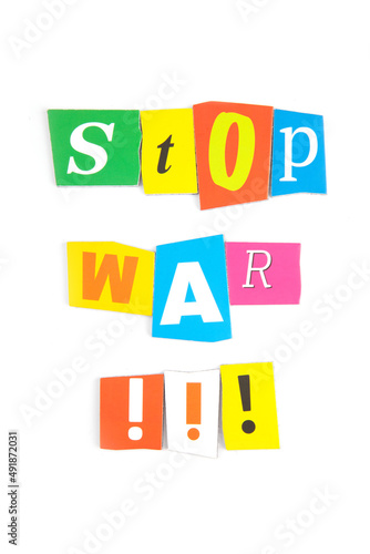 The phrase  Stop the war  from multi-colored magnetic letters on a white background.