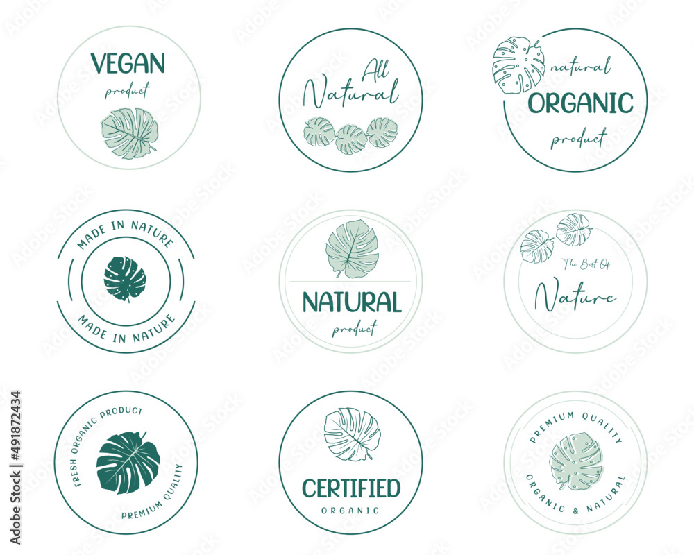 Fototapeta premium set of organic food, natural product icons and elements collection for food market. Vector illustrations for graphic, packaging design, marketing material, restaurant business.