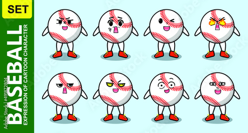 Set kawaii baseball ball cartoon character with different expressions of cartoon face vector illustrations