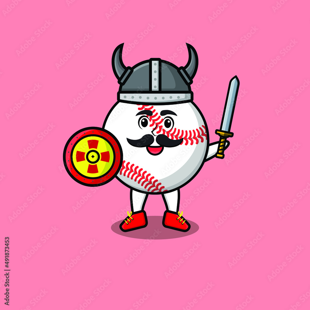 Naklejka premium Cute cartoon character Baseball ball viking pirate with hat and holding sword and shield