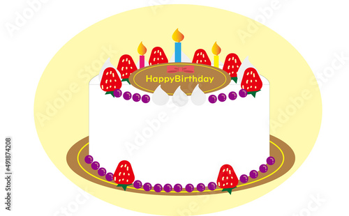 苺とブルーベリーのかわいいバースデーケーキのイラスト。ろうそく・チョコプレート