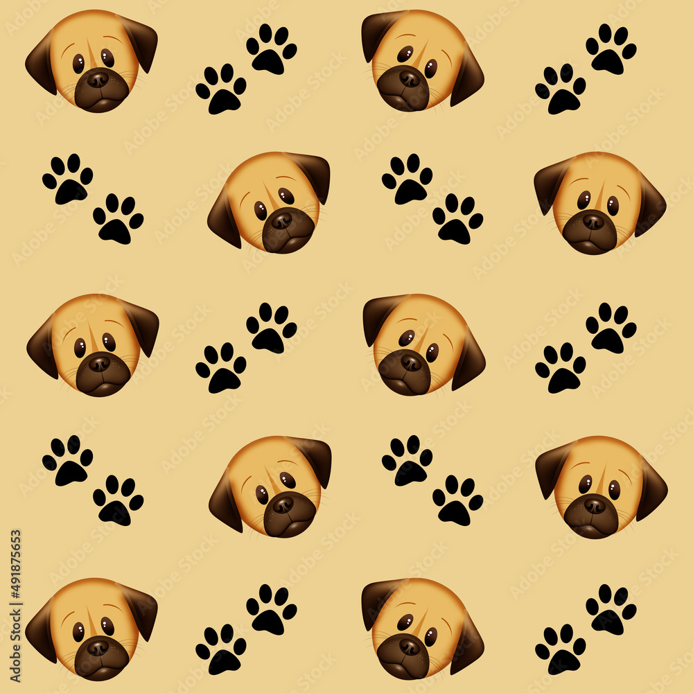 Fototapeta premium illustration of dog faces and footprints background