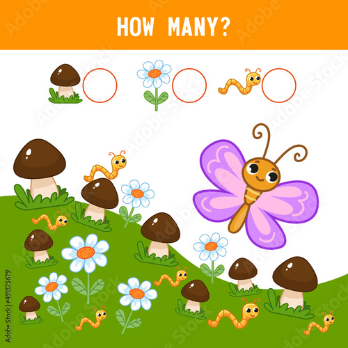 How many mushrooms  worms and flowers grow next to a pink butterfly. Math assignment. Counting educational kids game  kids math activity sheet. Cartoon color vector illustration.