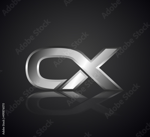 Modern Initial logo 2 letters Silver Metal Chrome simple in Dark Background with Shadow Reflection OX