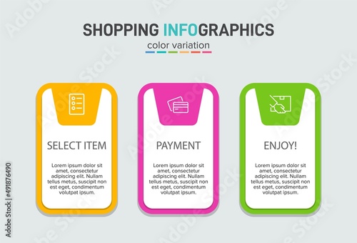 Concept of shopping process with 3 successive steps. Three colorful graphic elements. Timeline design for brochure, presentation, web site. Infographic design layout.