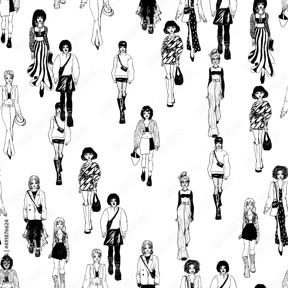 Seamless pattern. Women in trendy clothes. Defile sketch. Seamless pattern. Women in trendy clothes. Defile sketch.