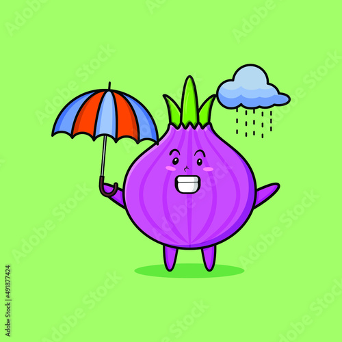 Cute cartoon onion character in the rain and using an umbrella in 3d modern style design