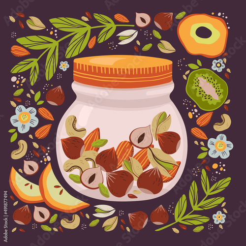 Hand drawn illustration of nuts and dried apple and kiwi. Ingredients of healthy snack. Vector illustration