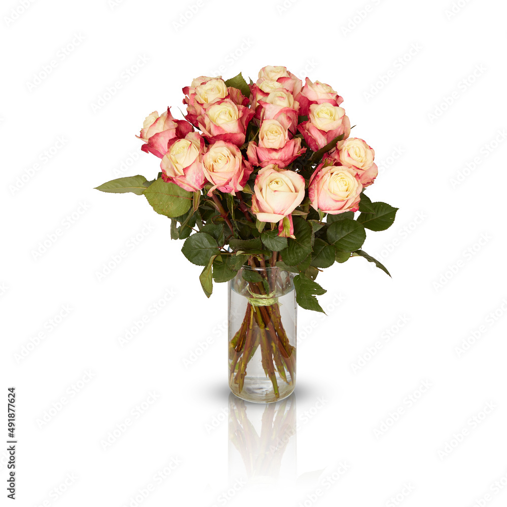 bouquet of flowers in a glass vase  isolated on white background with clipping path