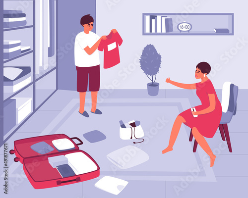 The guy packs a suitcase for a trip with the help of his mom. The teenager is going to study at the institute. Travel suitcase packing. Flat vector illustration.