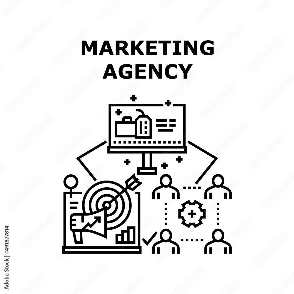 Marketing Agency Vector Icon Concept. Marketing Agency For Researching Customer Attitude And Creation Promotion Project. Planning Strategy For Online Advertisement Black Illustration
