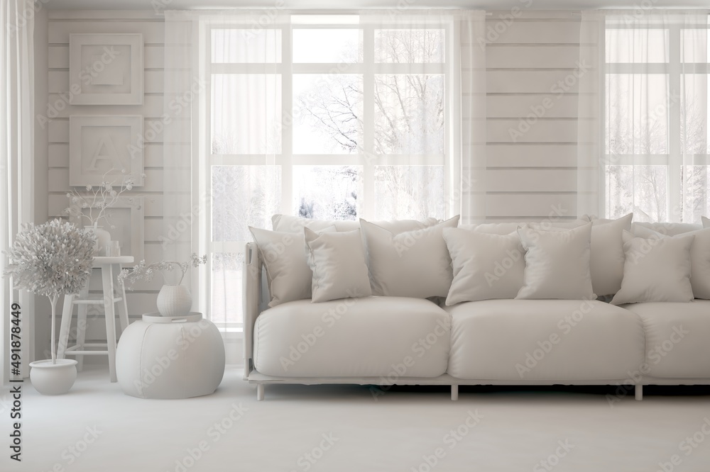 Fototapeta premium White living room with sofa and winter landscape in window. Scandinavian interior design. 3D illustration