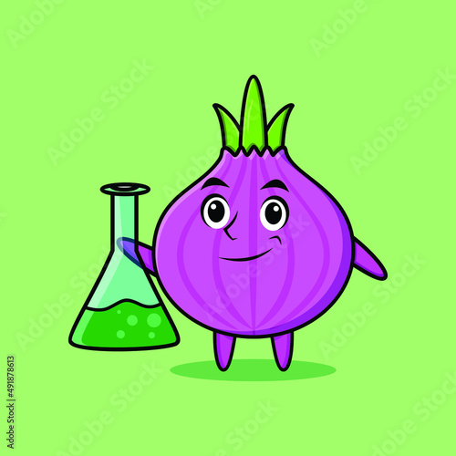Cute cartoon mascot character onion as scientist with chemical reaction glass