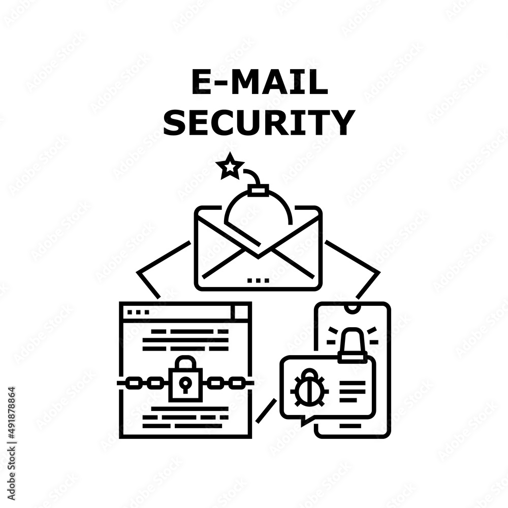 E-mail Security Vector Icon Concept. E-mail Security Technology And Software For Protect Private Information And Computer Digital System From Virus And Spyware. Safety App Black Illustration E-mail Security Vector Icon Concept. E-mail Security Technology And Software For Protect Private Information And Computer Digital System From Virus And Spyware. Safety App Black Illustration