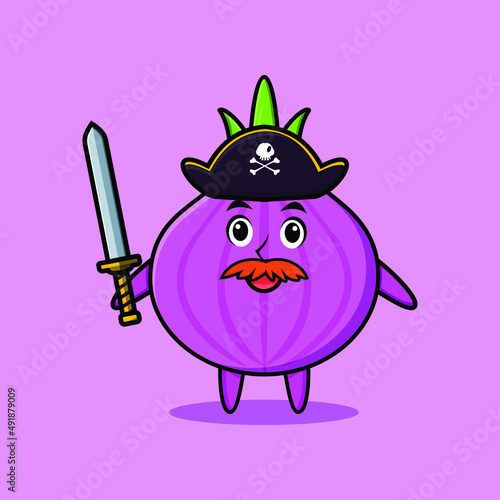 Cute cartoon mascot character onion pirate with hat and holding sword in modern design for t shirt, sticker, logo element