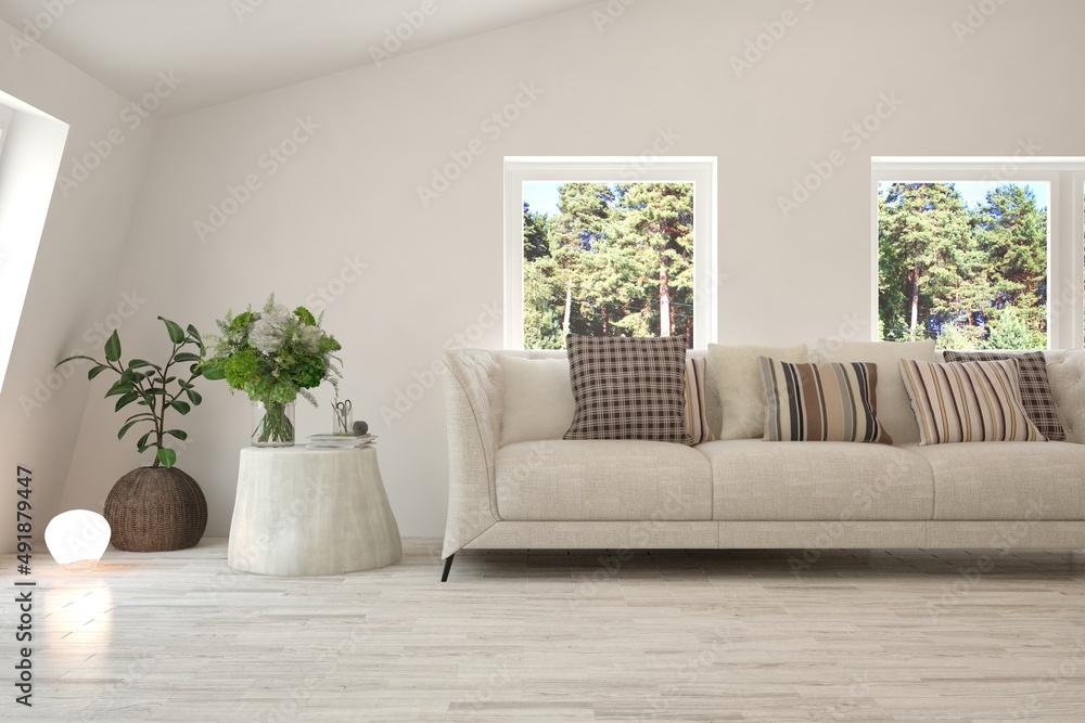 White living room with sofa and summer landscape in window. Scandinavian interior design. 3D illustration White living room with sofa and summer landscape in window. Scandinavian interior design. 3D illustration