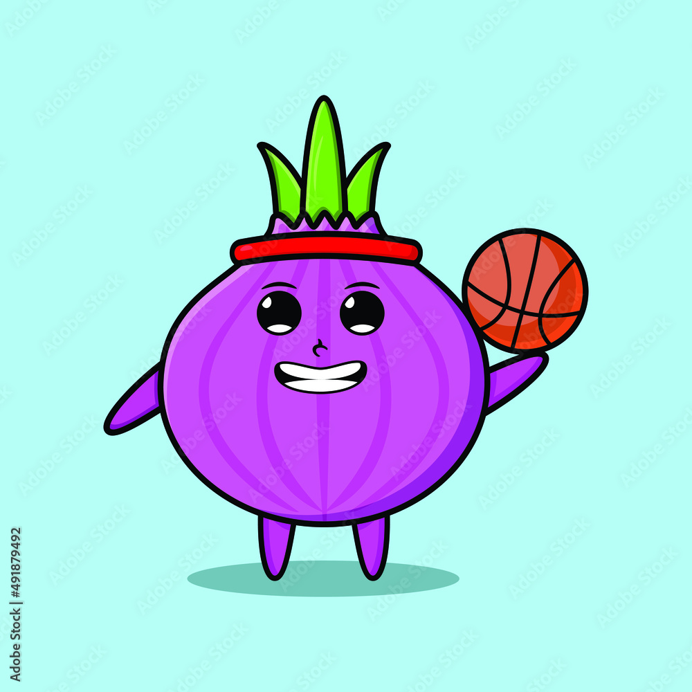 Cute cartoon onion character playing basketball in modern style design
