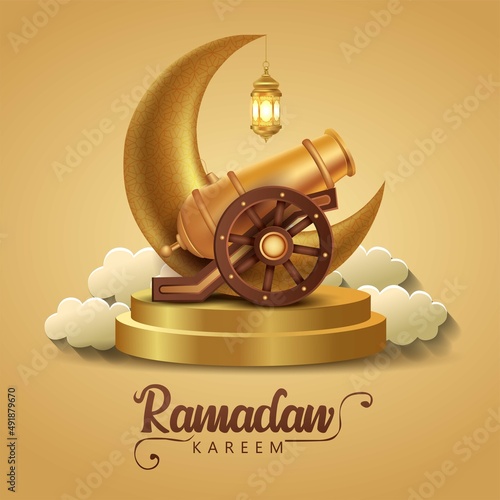 Eid Mubarak and Ramadan Kareem greetings. golden lantern hanging and half moon with golden archery background .vector illustration design