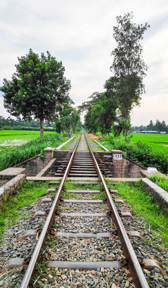 Railway line with green nature and cloudy sky in the countryside in Bangladesh