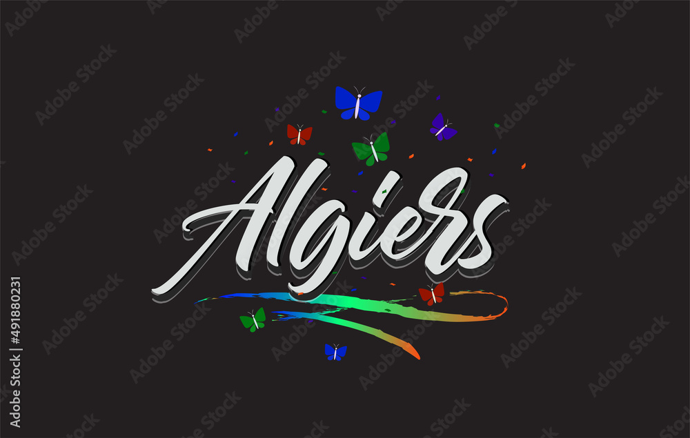 White Algiers Handwritten Vector Word Text with Butterflies and Colorful Swoosh.