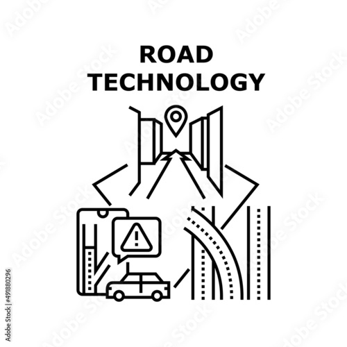 Road Technology Vector Icon Concept. Gps Navigation And Digital Map Device Road Technology For Traveling In Car. Automobile Highway And Roadway With Innovative System Black Illustration