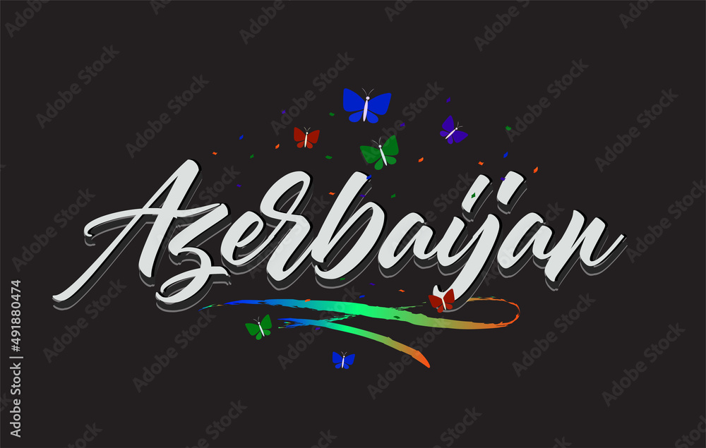 White Azerbaijan Handwritten Vector Word Text with Butterflies and Colorful Swoosh.