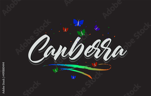 White Canberra Handwritten Vector Word Text with Butterflies and Colorful Swoosh.